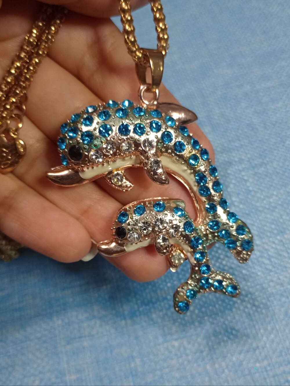 Betsey Johnson Large Dolphin Rhinestone Charm Necklace Baby And Mom Dolphins